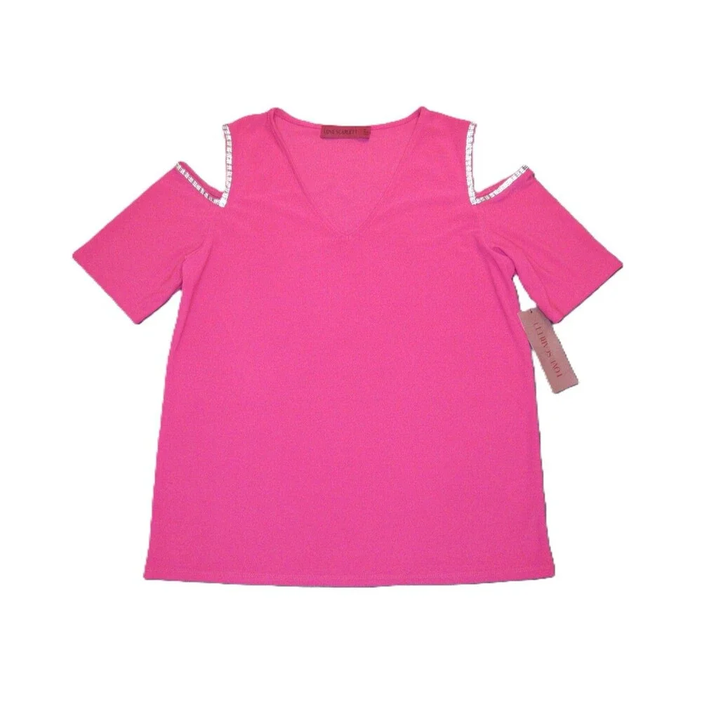 Cold Shoulder Top Glam Blouse Womens M Hot Magenta Pink Stretch Rhinestones NWT